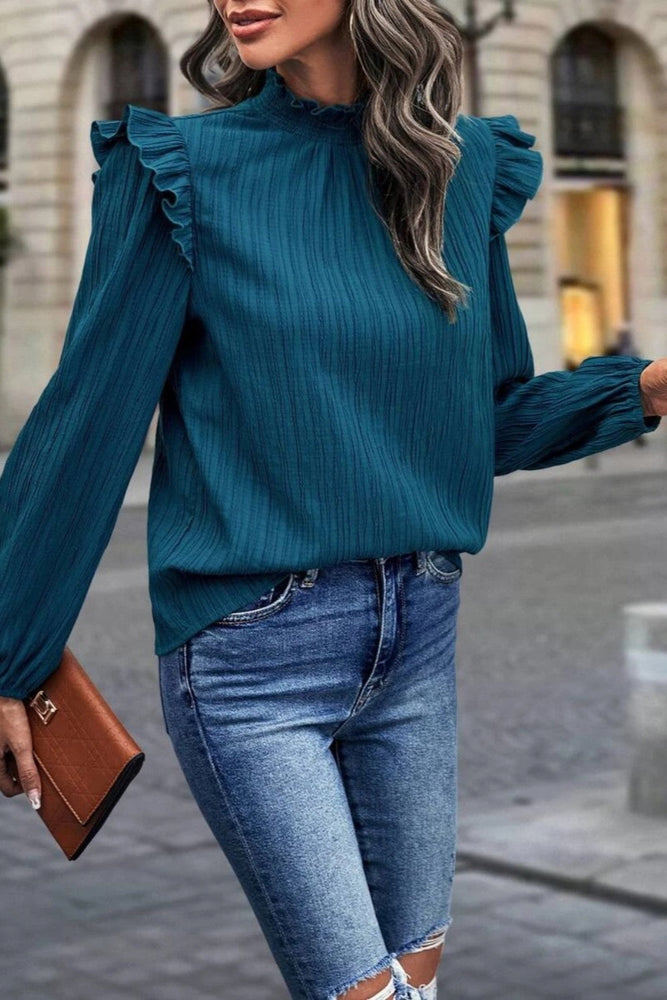 
                  
                    'Jessica' Mock Neck Ruffle Shoulder Blouse
                  
                