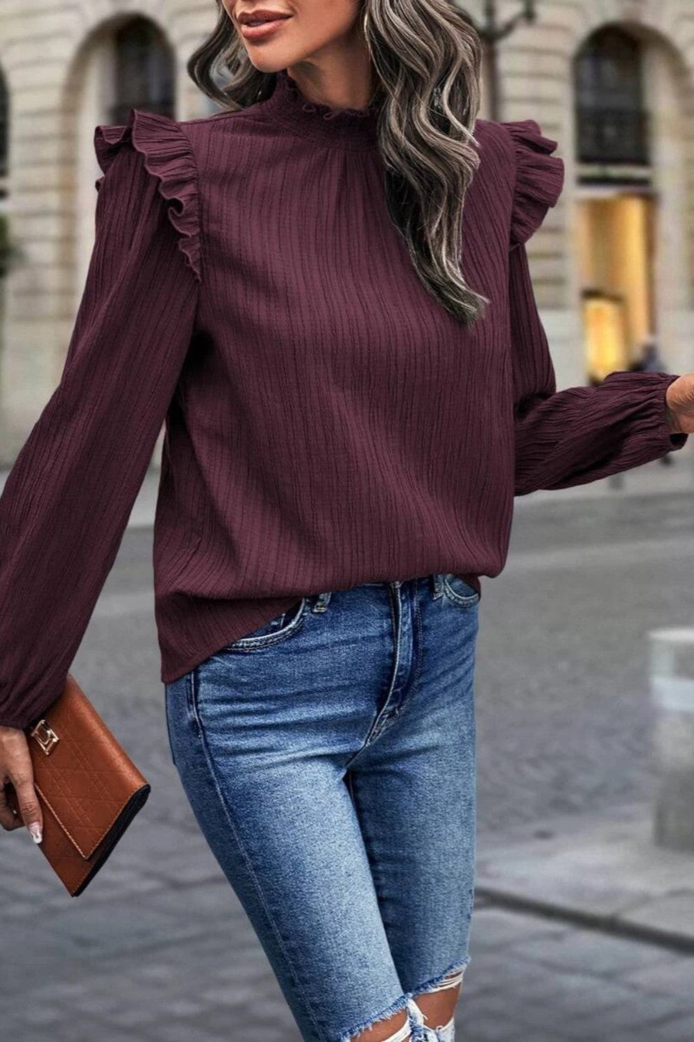 
                  
                    'Jessica' Mock Neck Ruffle Shoulder Blouse
                  
                