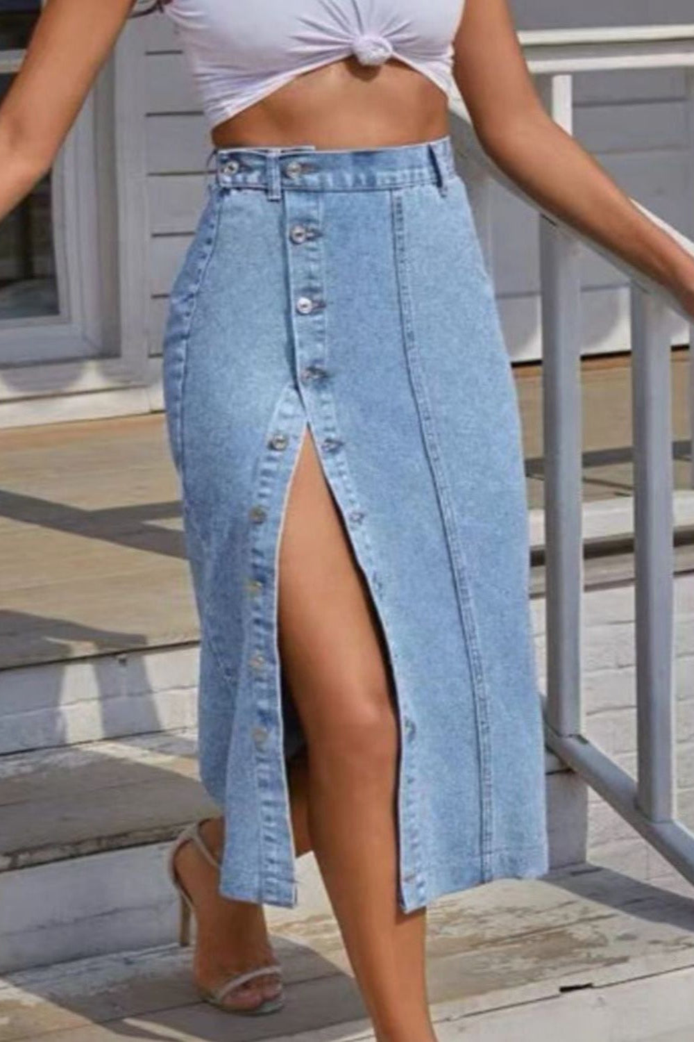 'Mary' Button Fly Split Denim Skirt