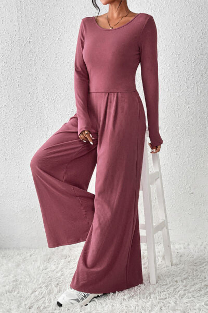 
                  
                    'Addyson' Ribbed Round Neck Top and Wide-Leg Pants Set
                  
                