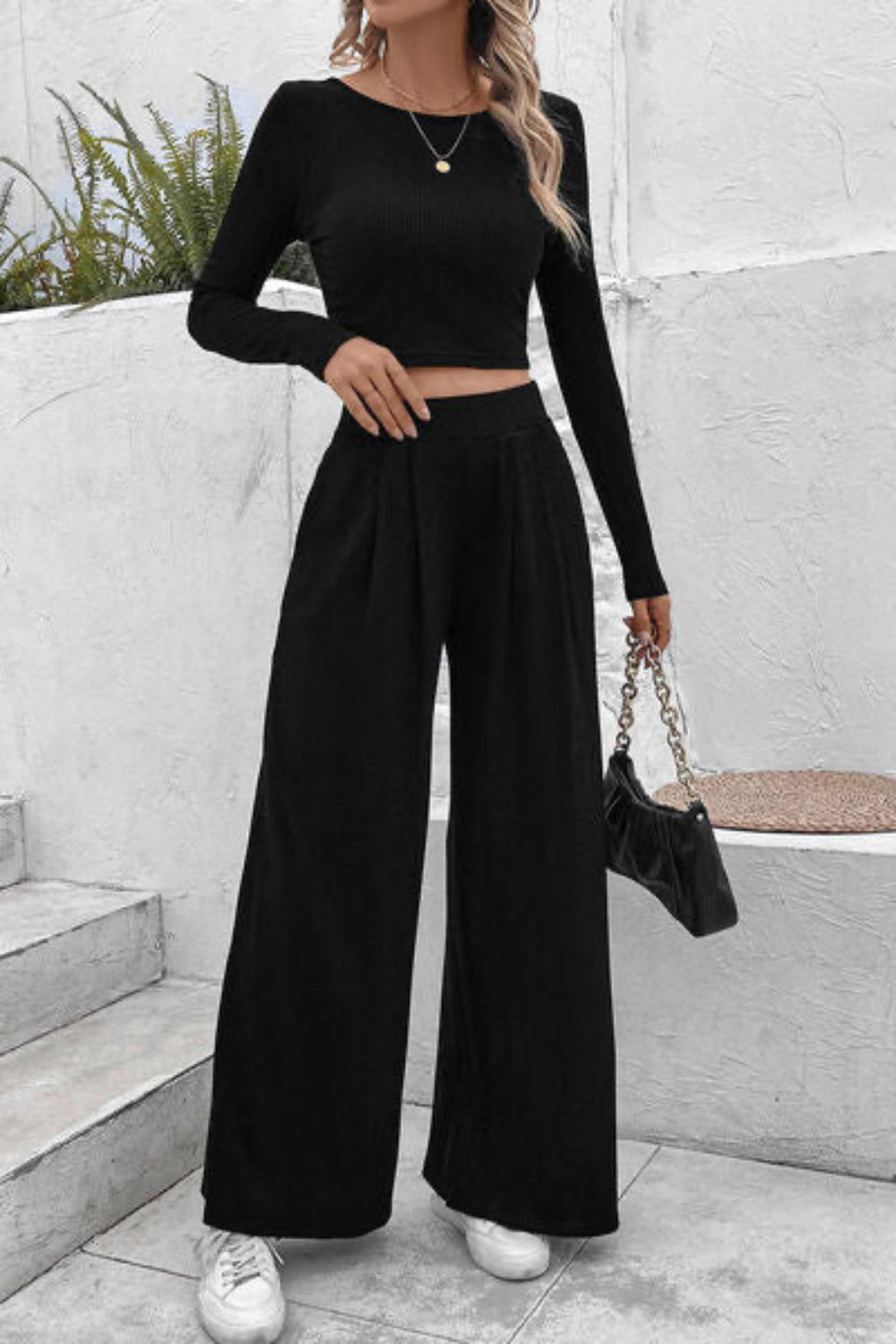 
                  
                    'Addyson' Ribbed Round Neck Top and Wide-Leg Pants Set
                  
                