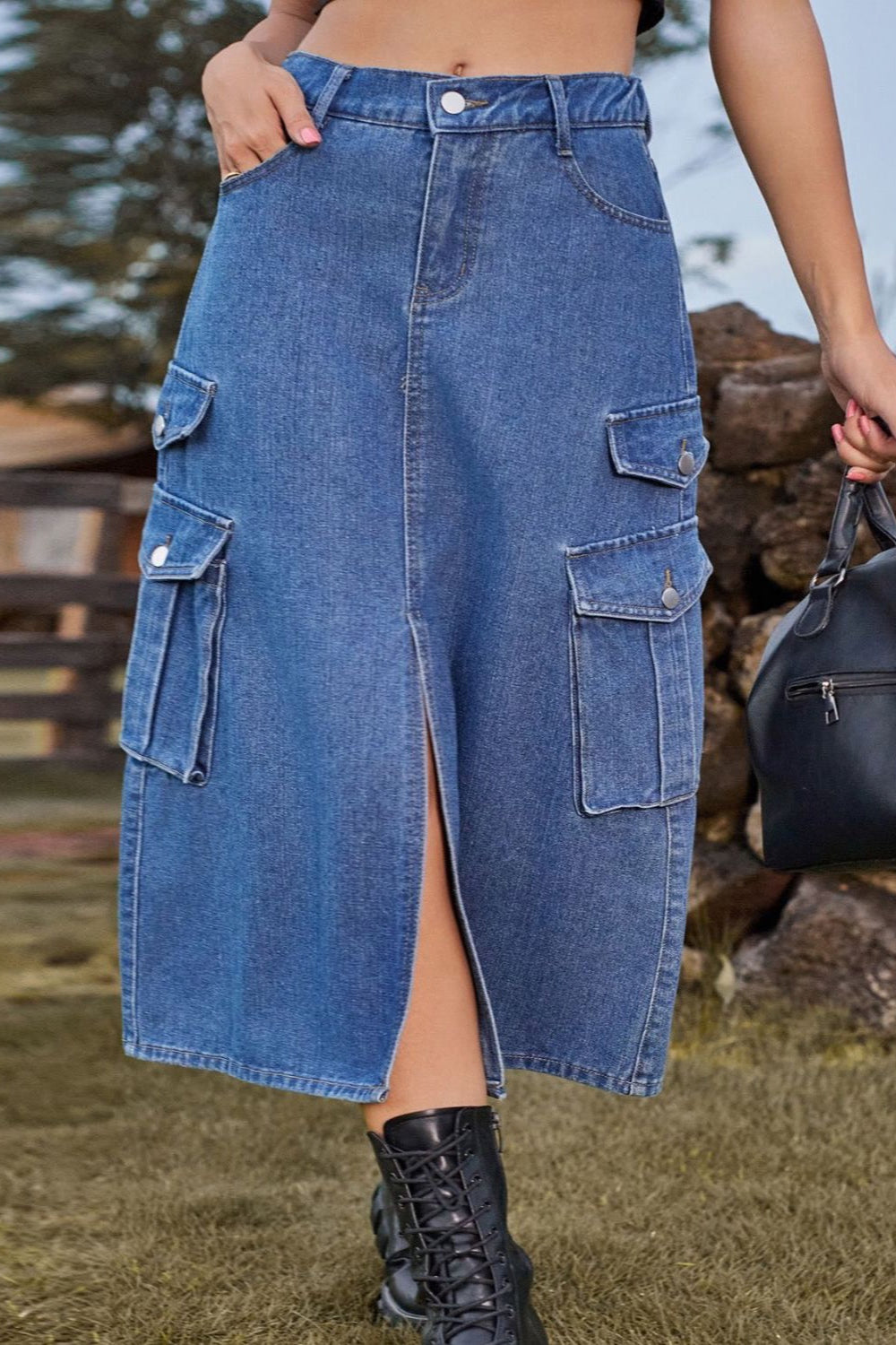 'Sara' Slit Front Midi Denim Skirt with Pockets