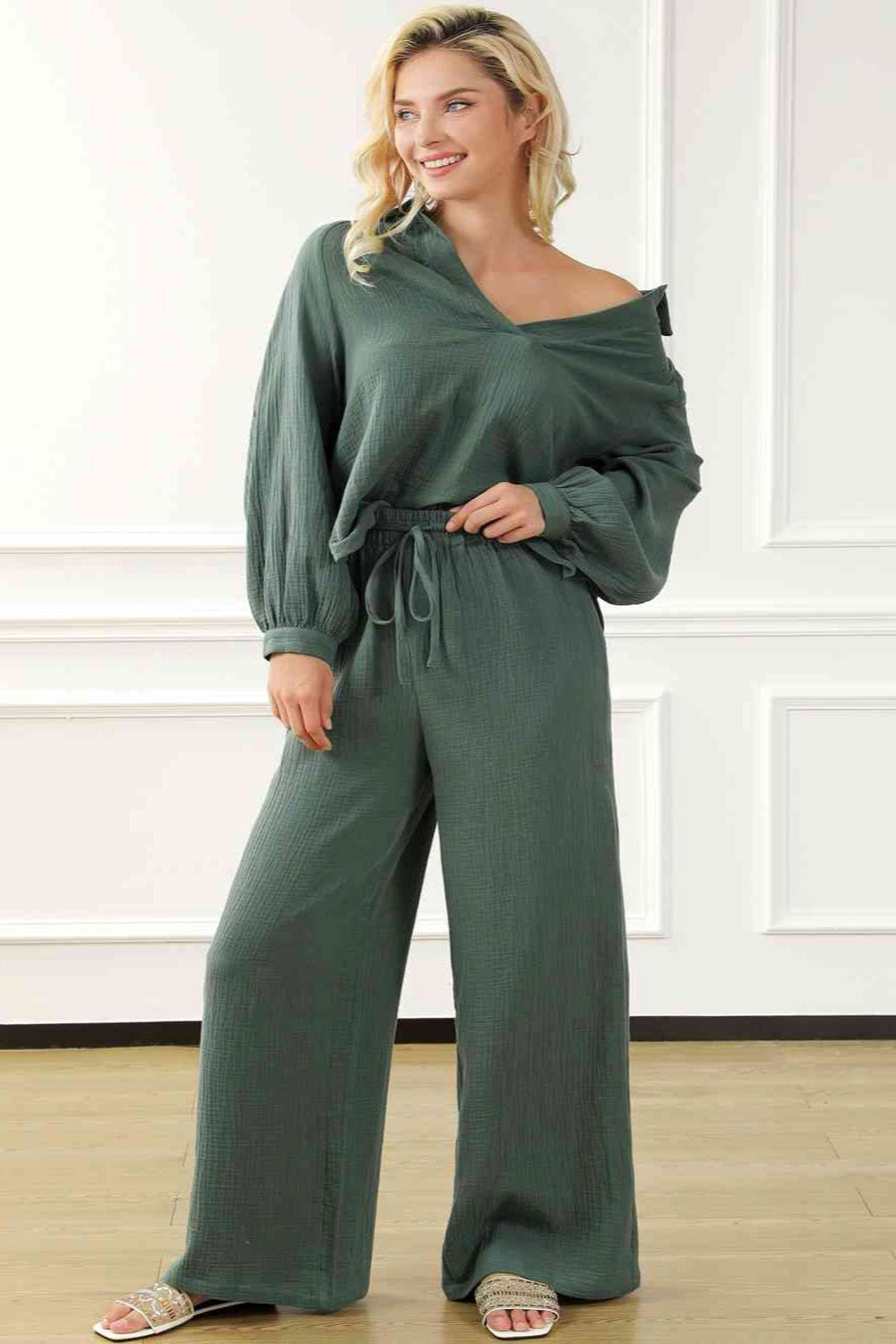 'Lane' Collared Neck Top and Drawstring Pants Set