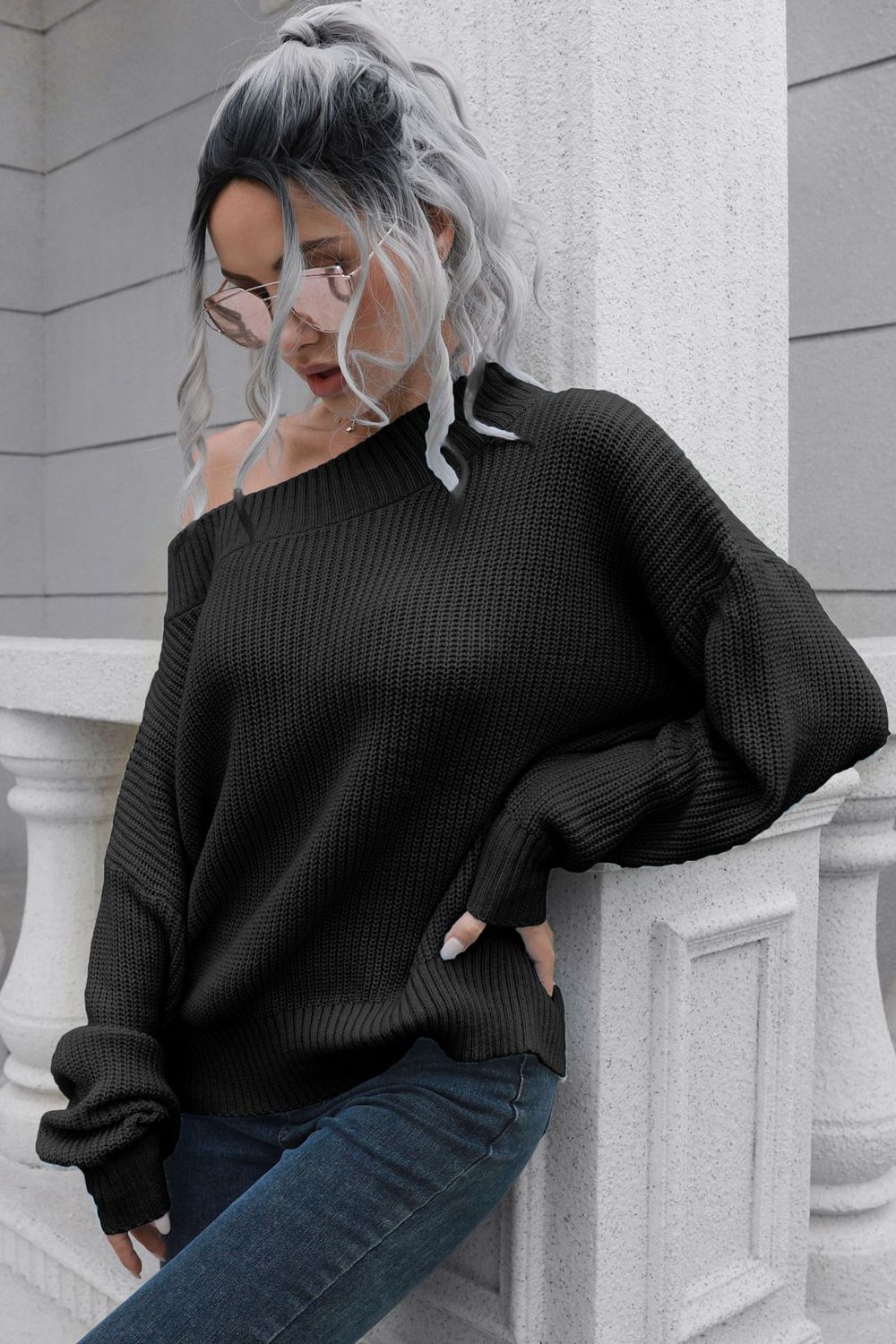 
                  
                    'Tamela' Off-Shoulder Ribbed Long Sleeve Pullover Sweater
                  
                