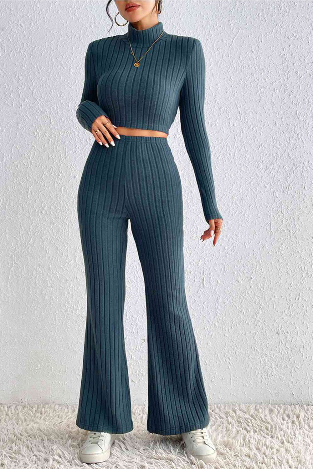 'Peyton' Ribbed Mock Neck Cropped Sweater & High Waist Pants Set