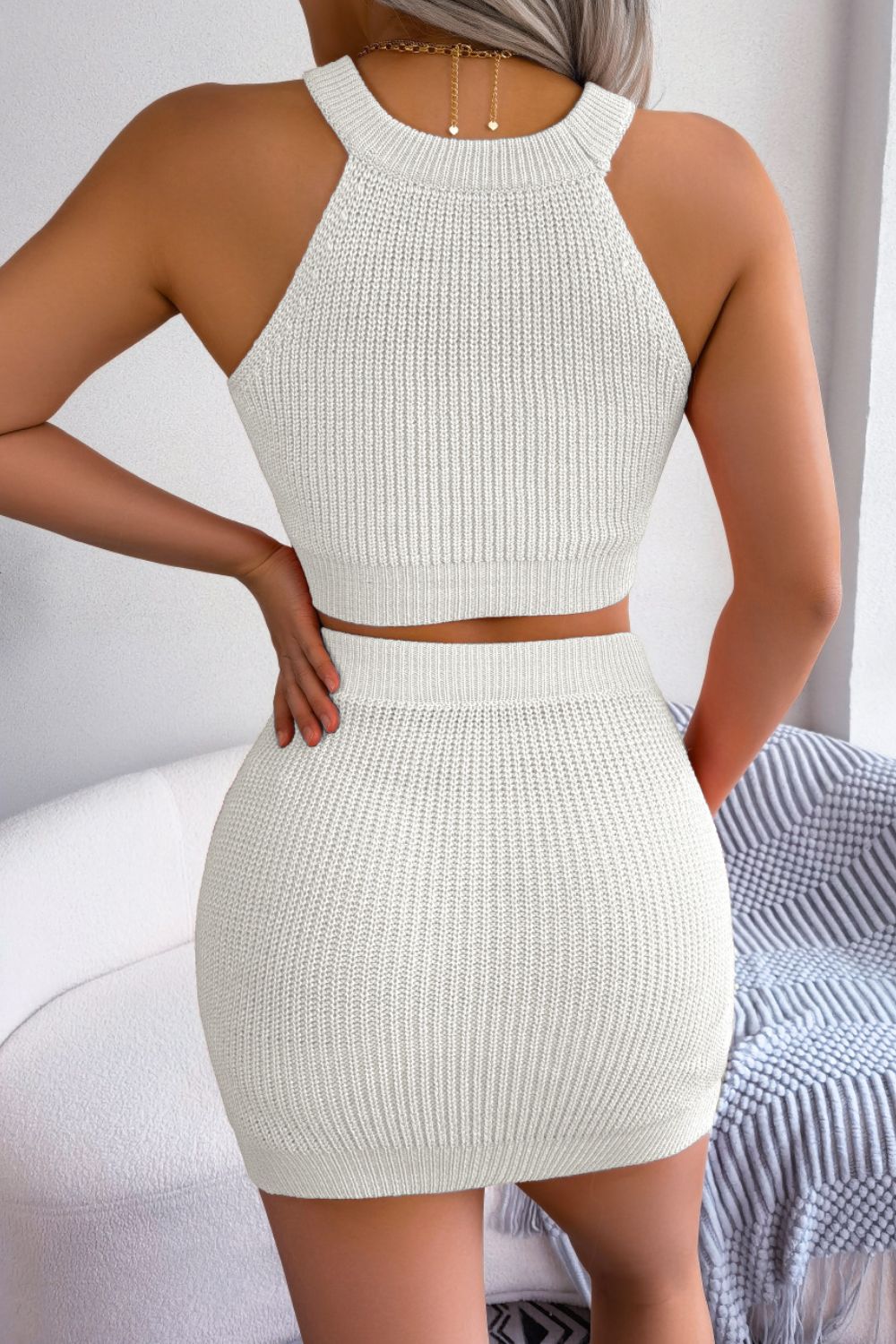 
                  
                    'Lovely' Heart Contrast Ribbed Sleeveless Knit Top and Skirt Set
                  
                