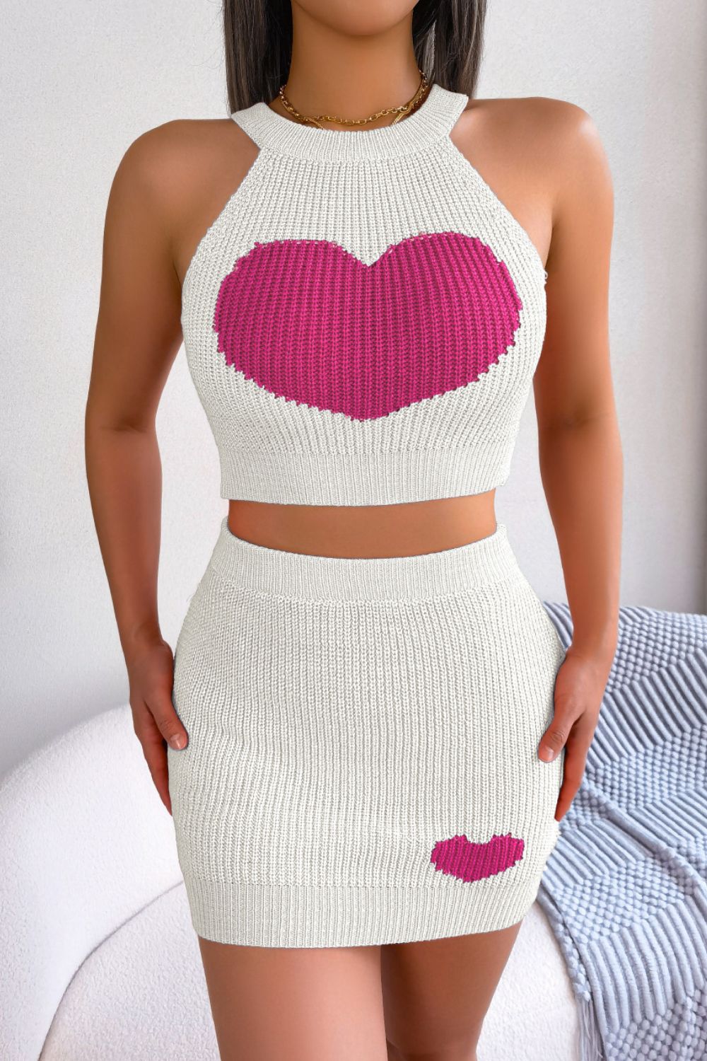 
                  
                    'Lovely' Heart Contrast Ribbed Sleeveless Knit Top and Skirt Set
                  
                