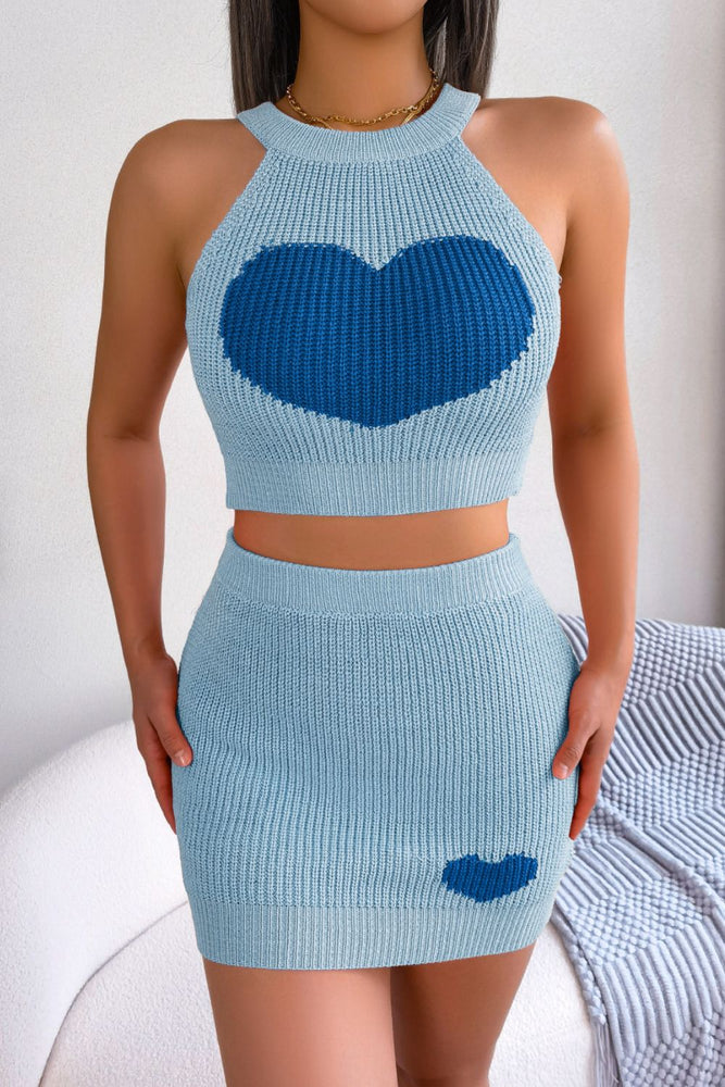 
                  
                    'Lovely' Heart Contrast Ribbed Sleeveless Knit Top and Skirt Set
                  
                